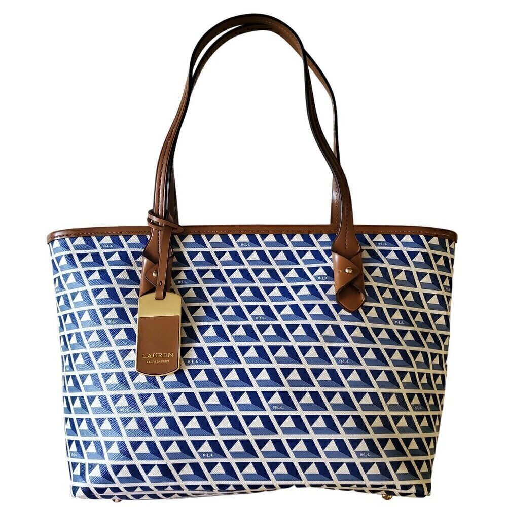 SOLD-SOLD-SOLD-Lauren, Ralph Lauren Blue & White Tote, Geometric Pattern Tote